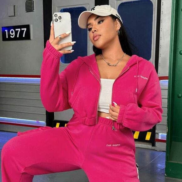 NEW! *Hot Pink* Plus Hoodie (Only) Letter Graphic Zip Up Drop Shoulder Sz 1X - Picture 1 of 5